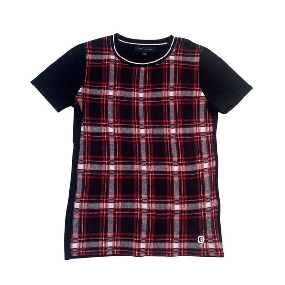 Tommy Hilfiger Plaid Navy Blue Red Short Sleeve Sweater Top Size Small Checkered - Picture 1 of 10